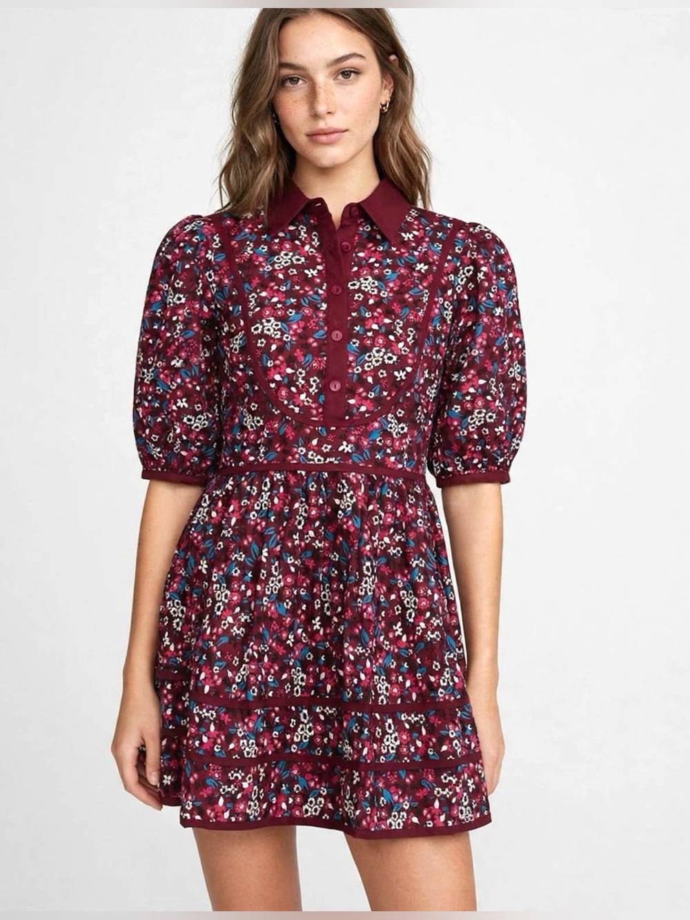 MAEVE Burgundy and Pink Puff Sleeve Polo Collar Mini Sundress - Size 10